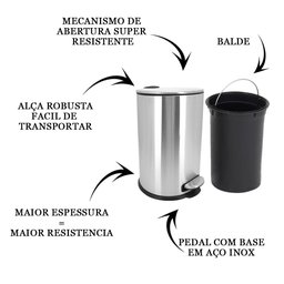Lixeira 20 Litros Aço Inox com Pedal Cesto Removível Mimo - 4