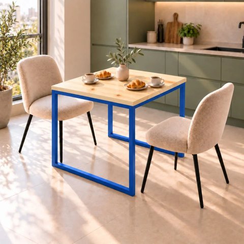 Mesa de Jantar Reforçada Industrial 70x70cm Tampo Bege Pés Azul