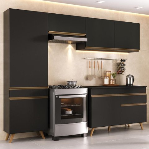 Armário Cozinha Modulada Compacta 252cm com Balcão Veneza Multimóveis Mp3763 Preto/dourado