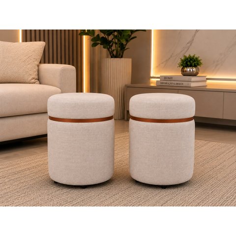 Kit de Puff com Cinta Superior Cobre Fosco Bege Linho - Let Móveis