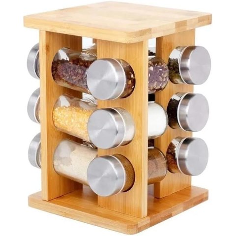 Porta Temperos Giratório Bambu Prime com 12 Potes Vidro Tampa Prata - Lívon