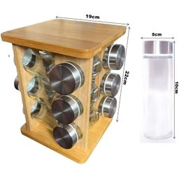 Porta Temperos Giratório Bambu Prime com 12 Potes Vidro Tampa Prata - Lívon - 5