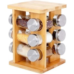 Porta Temperos Giratório Bambu Prime com 12 Potes Vidro Tampa Prata - Lívon