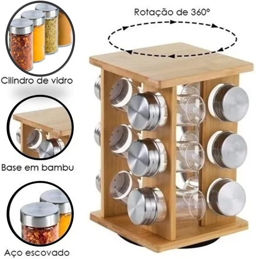 Porta Temperos Giratório Bambu Prime com 12 Potes Vidro Tampa Prata - Lívon - 4