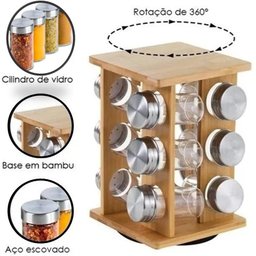 Porta Temperos Giratório Bambu Prime com 12 Potes Vidro Tampa Prata - Lívon - 4