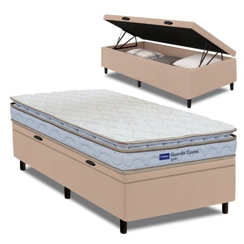 Cama Box Baú Solteiro Probel Espuma D33 Pillow Top 88x188x59cm Guarda Costas Lyon Branco/Bege