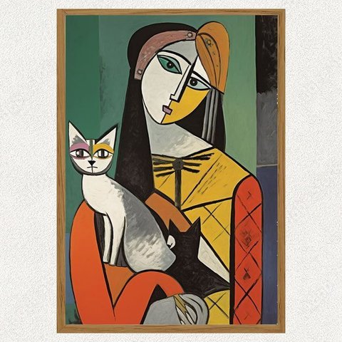 Quadro Moldurado Pablo Picasso Mulher e Gato Cubismo
