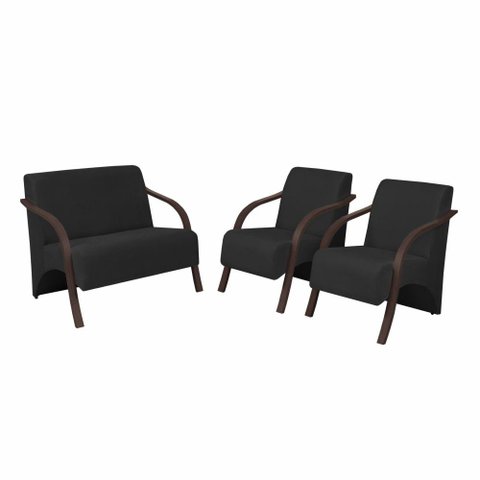 Conjunto Poltronas Vênus Braço Madeira Suede Preto