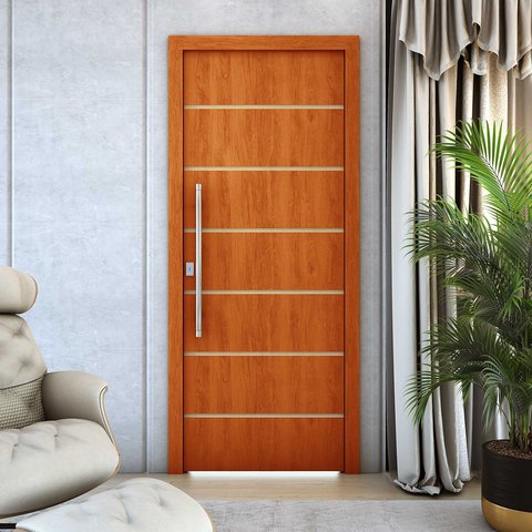 Folha de Porta Decorativa Frisada R50VL 210x80cm Pintura UV Resistente:Mogno