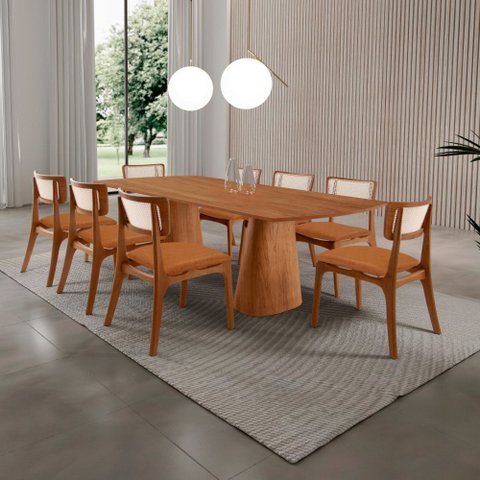 Sala de Jantar Mesa Noronha 220cm Tampo Laminado Canto Barril com 8 Cadeiras Viena