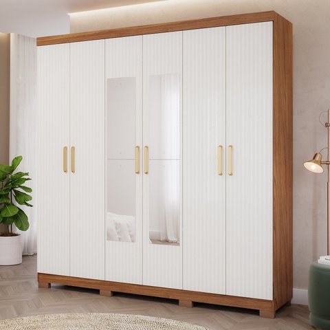 Guarda-Roupa Casal 6 Portas com Pés e Espelhos 199cm 100% MDF Paraty Espresso Móveis Bege/Cinamomo/Grafiatto