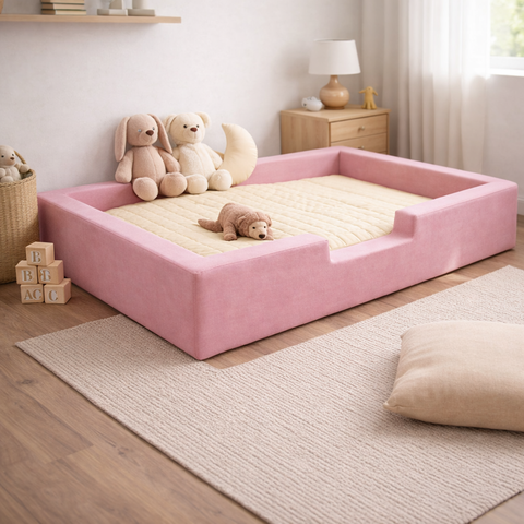 Cama Montessoriana Infantil 174x94cm - Modelo Lilo - em Veludo Rosa - sem Colchão