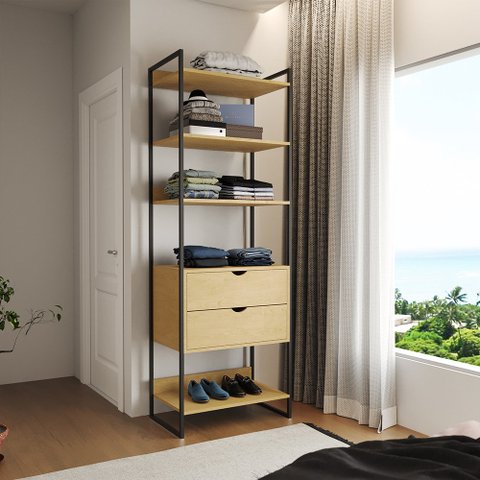 Closet Solteiro Estilo Industrial Loft 1 Módulo com Gaveta Canela Ferro Preto