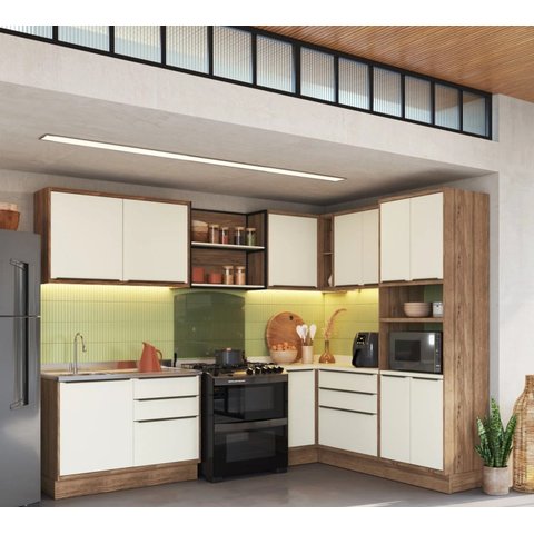 Cozinha Completa Modulada 8 Peças 11 Portas Viena Branco/Freijó/Cinza Argila