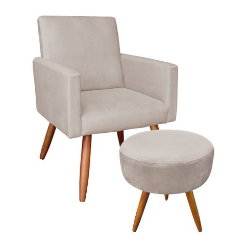 Kit Poltrona e Puff Banqueta Redonda Nina Suede Bege Pés Palito - Pallazio