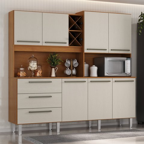 Armário para Cozinha 7 Portas 3 Gavetas com Balcão e Porta Garrafas Ajax