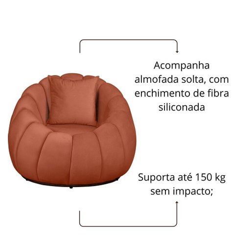 Kit Poltrona Base Giratória C/ Almofada e Puff Concha Veludo Cor Terracota