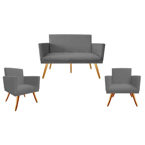 Kit Namoradeira + 2 Poltronas Decorativa Nina Suede Cinza Pés Madeira Ms Decor