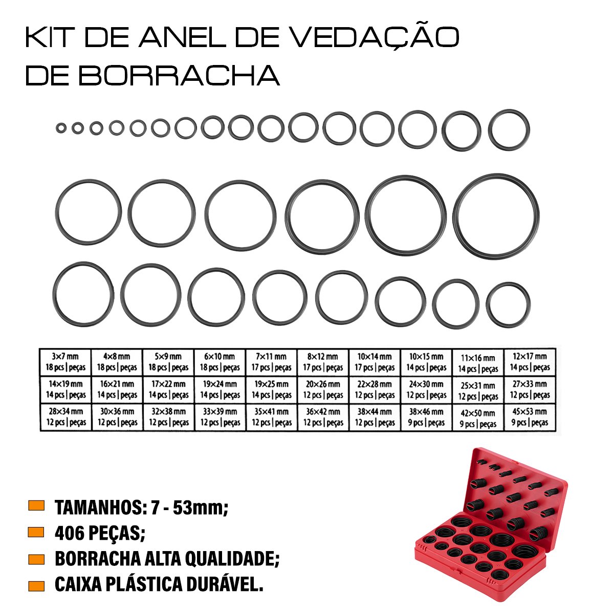 Kit de Anéis de Vedação de Borracha 7 – 53mm 406 Pçs - 2