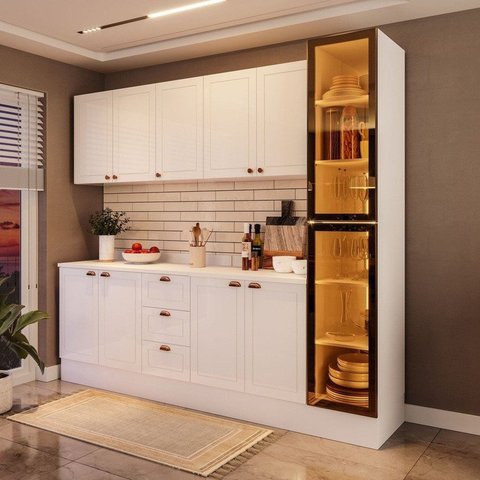 Cozinha Compacta 5 Peças Pérola com Cristaleira Branco Yescasa