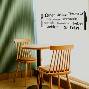 Adesivo de Parede Palavras Cozinha Comer Dar Risada Garfo Faca Horizontal Kanto Store Preto