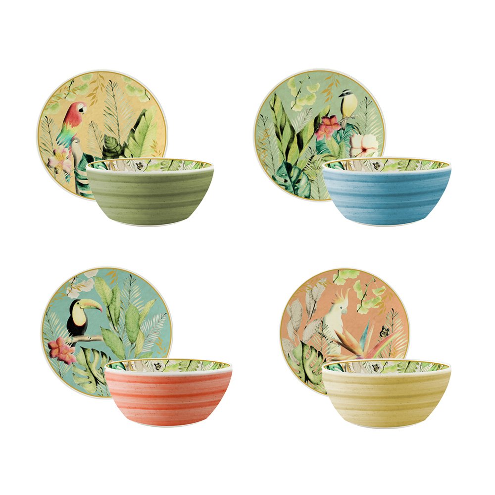 Conjunto Pratos Sobremesa Bowl Cerâmica Selva Pássaro 8pçs
