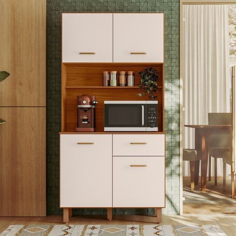 Armário de Cozinha Compacto Ambiente Pequeno New Izis 4 Portas 1 Gaveta Freijo Off White Poliman