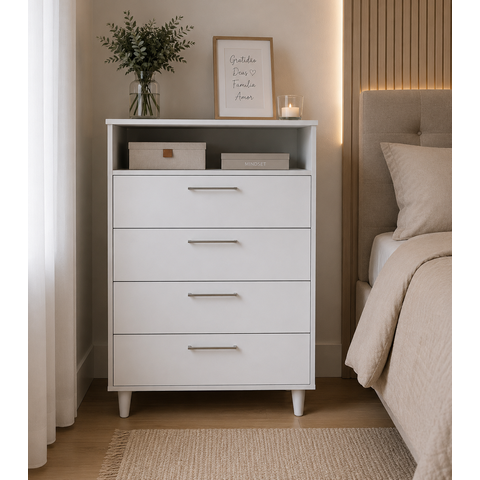 Cômoda 4 Gavetas com Nicho Superior – MDF Branco | 90 x 60 x 45 cm