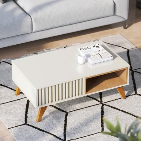Mesa de Centro Retrô Boston 90cm Pés Madeira Maciça Nichos Off White Freijó
