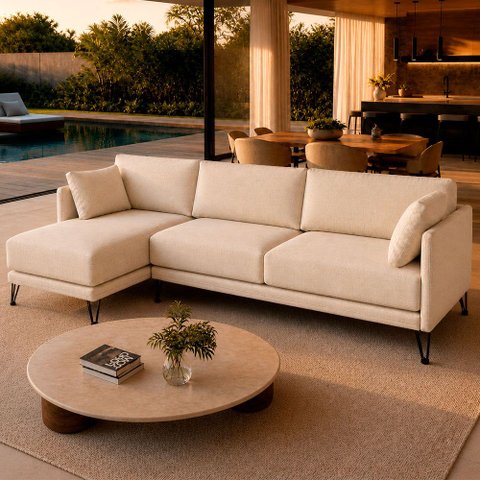 Sofá Sala de Estar Atena Chaise Esquerdo Pés de Ferro 344cm 6 Lugares Bouclê Off White M1 - Monari D