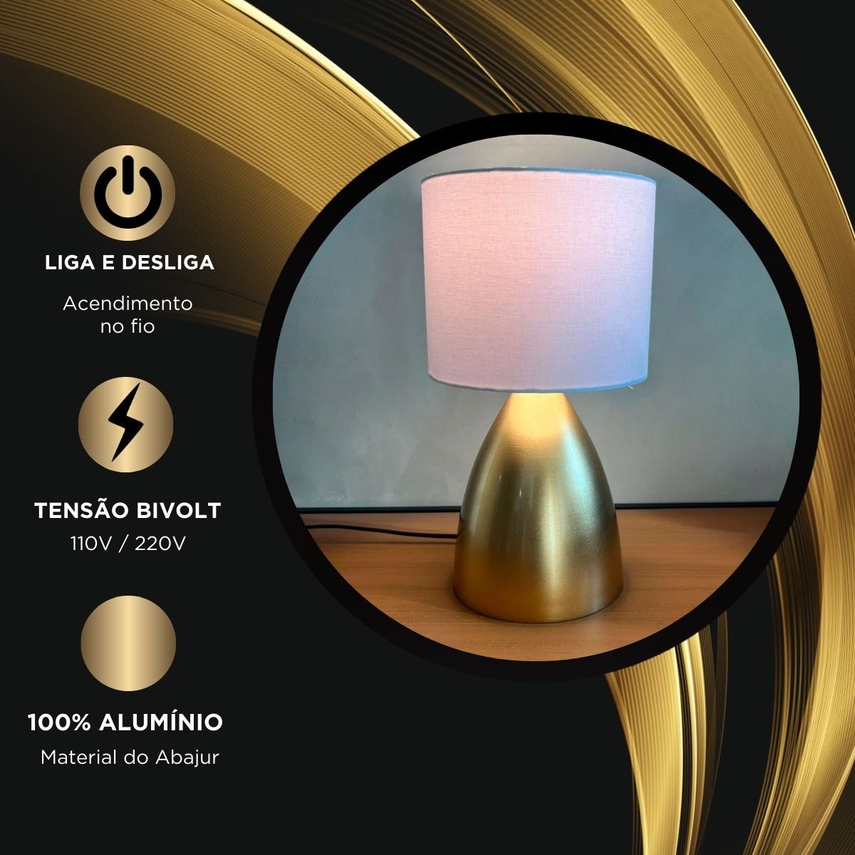 Abajur Luminaria Clássico Dourado Bivolt com Cúpula Tecido Algodão Soquete E27 - Dourado Cúpula Bran - 3