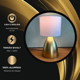 Abajur Luminária de Mesa Dourado Bojudo com Cúpula de Algodão Branco para Cama, Quarto, Sala - 3