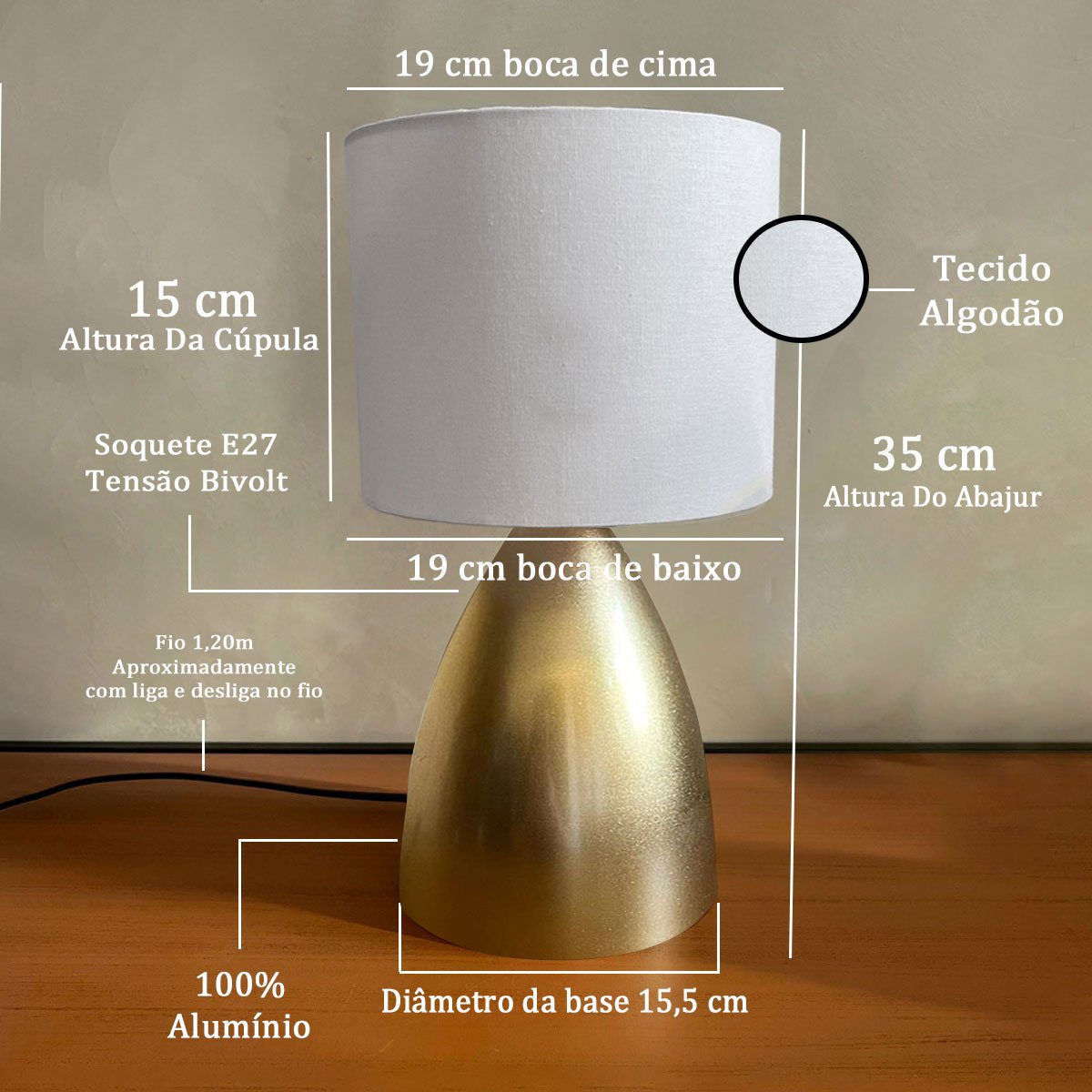 Abajur Luminaria Clássico Dourado Bivolt com Cúpula Tecido Algodão Soquete E27 - Dourado Cúpula Bran - 2