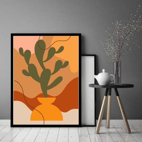 Quadro Decorativo Abstrato Vaso Cacto - 70x50cm:moldura Preta