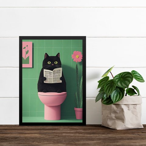 Quadro para Banheiro Gato no Vaso - Rosa e Verde 33x24cm - com Vidro:moldura Preta