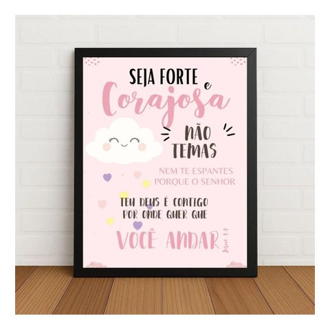 Quadro Decorativo Seja Forte e Corajosa Versículo com Vidro Preto