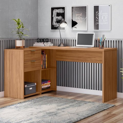 Escrivaninha Mesa Escritório em L Office Nt 2060 2 Gavetas 3 Nichos 148,6cm Freijo Trend