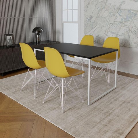 Mesa Industrial Base Ferro Branco 137x90 Tampo Preto 4 Cadeiras Eiffel Ferro Branco Assento Amarelo