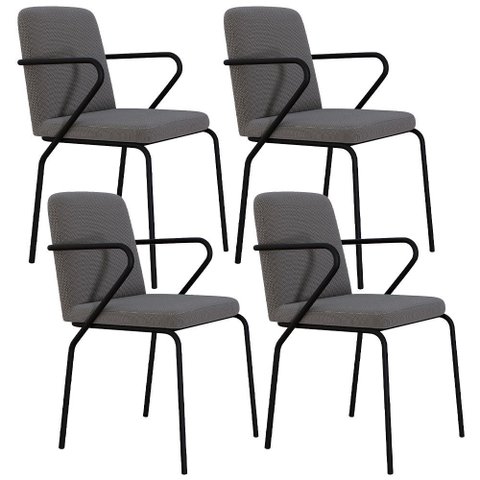 Kit 04 Cadeiras Estofada para Sala de Jantar com Braço Loft Preto C01 Linho Fendi Cinza - Lyam Decor