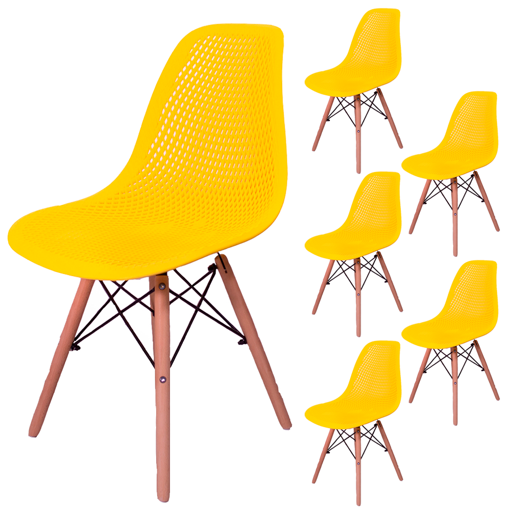 Kit 6 Cadeiras Charles Eames Eifell Furadinha Amarela