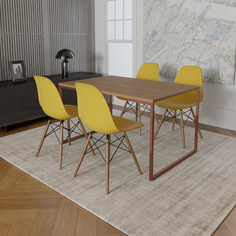 Mesa Industrial Base Ferro Cobre 137x90 Tampo Amêndoa 4 Cadeiras Eiffel Madeira Assento Amarelo
