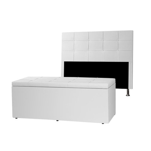 Kit Cabeceira e Calçadeira Baú Casal 1,40m Roma Material Sintético Branco Sky Mobile