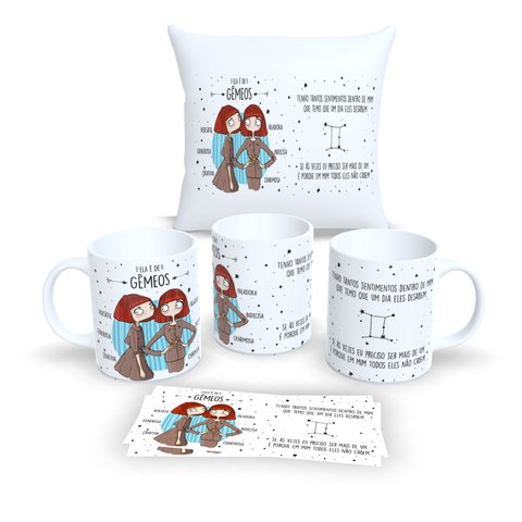 Kit com 1 Caneca de Porcelana e 1 Almofada Branca 30x30cm Personalizadas Signos"gêmeos"