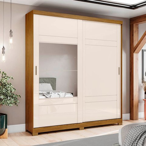 Guarda-roupa 200cm com Espelho 2 Portas de Correr 3 Gavetas Verg Henn - Nature/off White