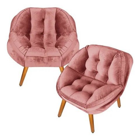 Kit 02 Poltrona Decorativa California Suede Rose Pés Palito - Fina Mobília