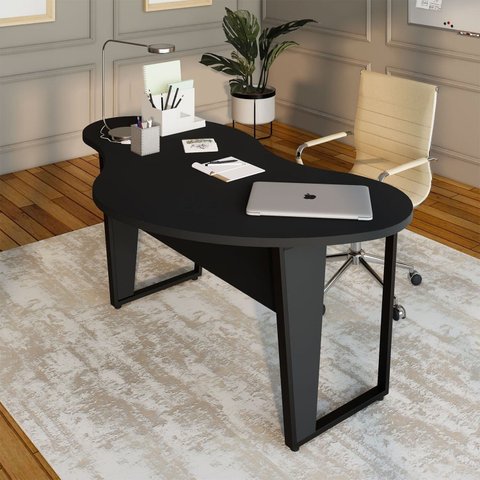 Mesa Escrivaninha Orgânica Linear 173cm x 94cm Pés Metal para Escritório Home Office F5 Corporate Preto
