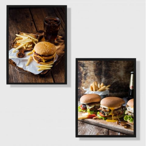 Kit 2 Quadros Fotografias Hambúrguer 33x24cm - com vidro:Madeira branca