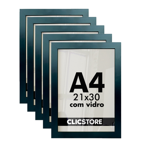 Kit 05 Molduras A4 21x30cm com Vidro e Fundo para Quadros Diplomas Retratos Cor:preto