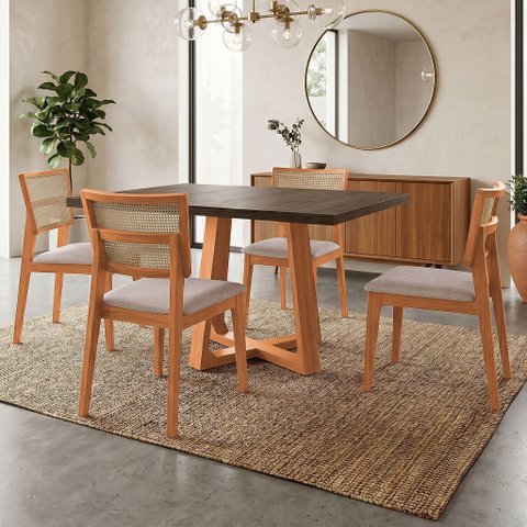 Mesa Jantar Isabela 1,2m Freijó Pés Cerejeira 4 Cadeiras Manuela Design Moderna - Bege Veludo