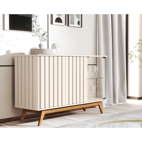 Buffet Aparador 3 Portas Ripado Pés em Madeira Maciça 100% MDF 136cm Açaí Off White